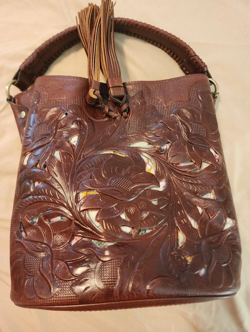 Patricia Nash 10th Anniversary Brown Tooled Leather Tassel Bag Fall 2010 Collect